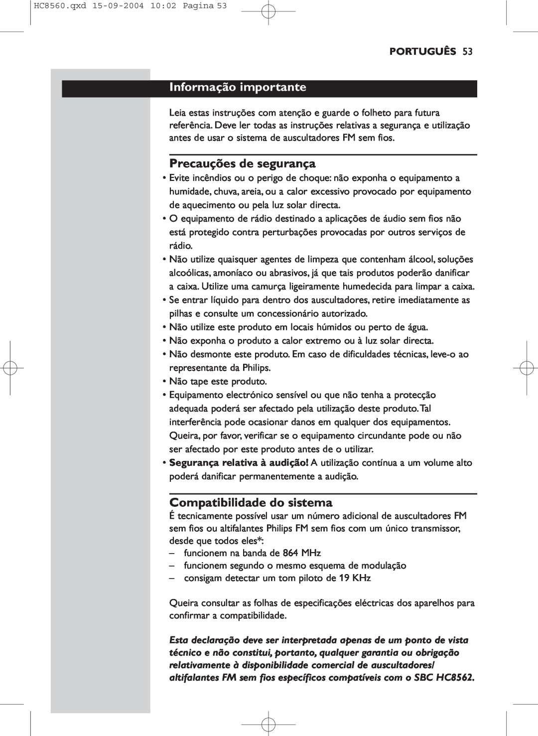 Philips HC 8560 manual Informação importante, Precauções de segurança, Compatibilidade do sistema, Português 