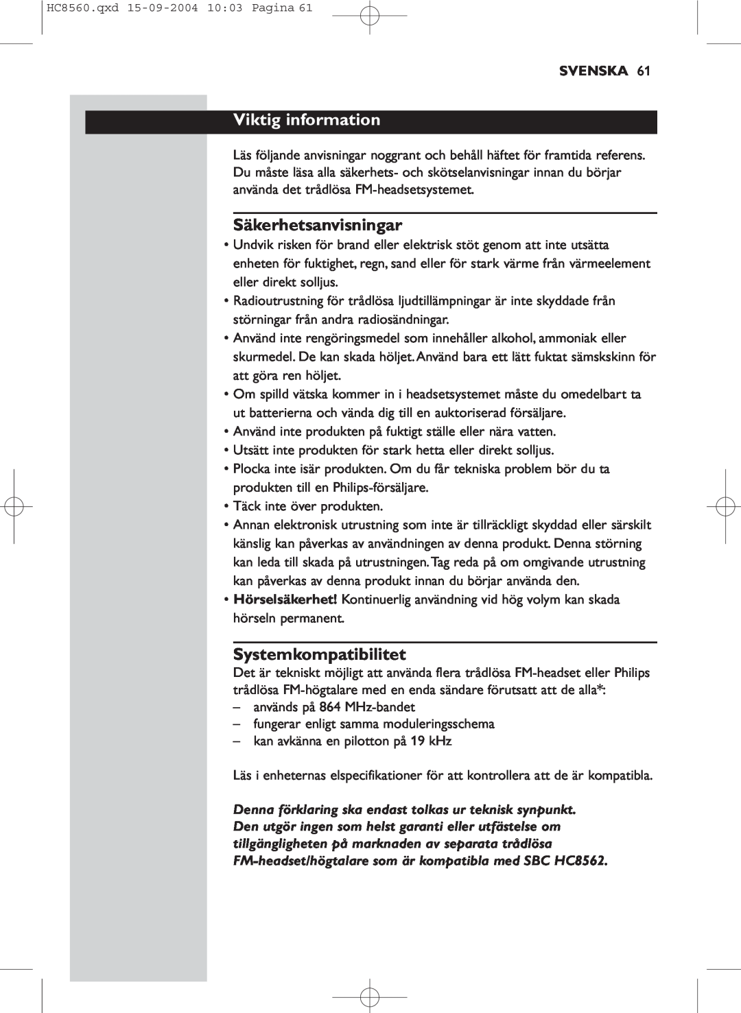 Philips HC 8560 manual Viktig information, Säkerhetsanvisningar, Systemkompatibilitet, Svenska 