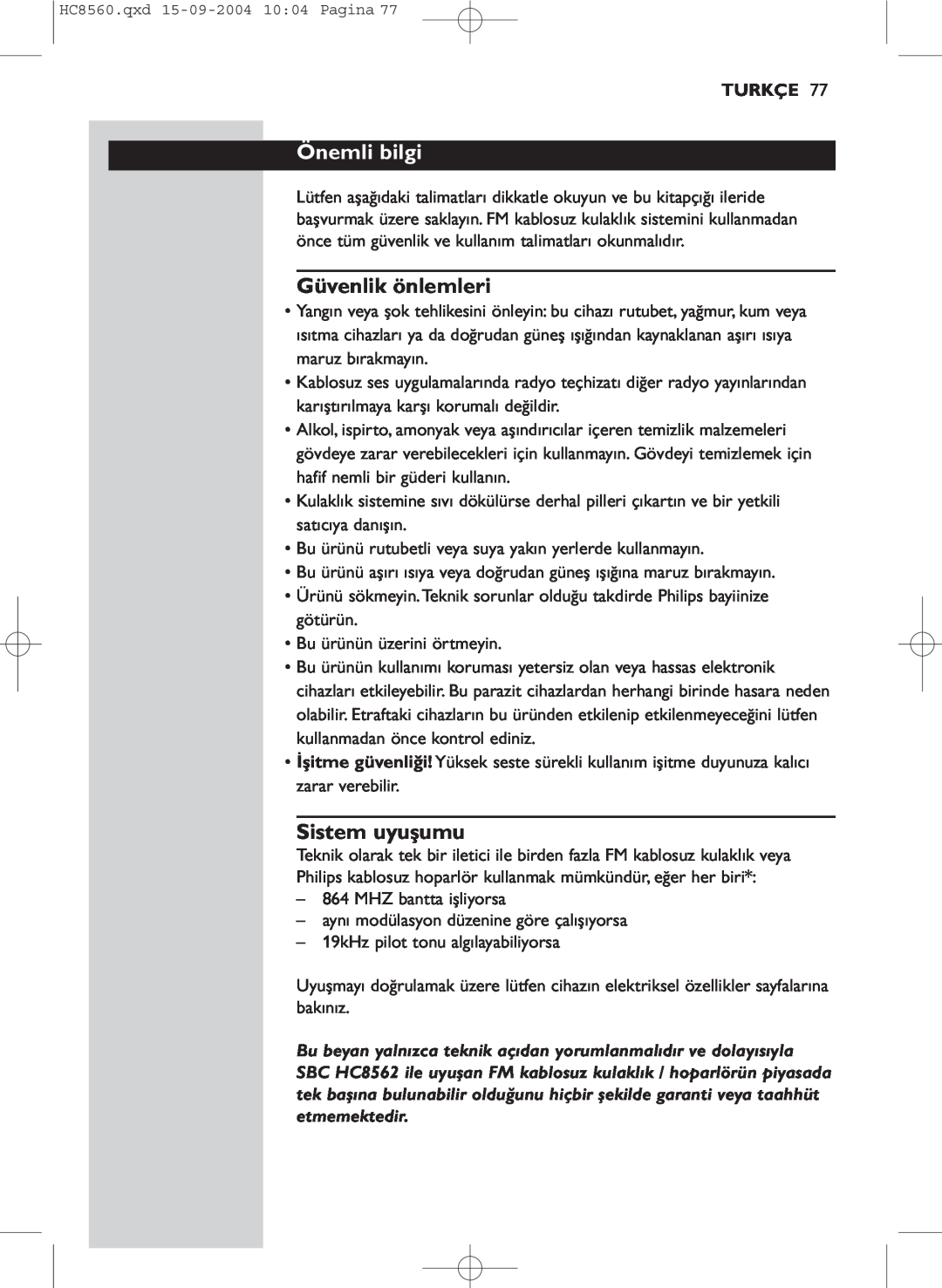 Philips HC 8560 manual Önemli bilgi, Güvenlik önlemleri, Sistem uyuşumu, Turkçe 