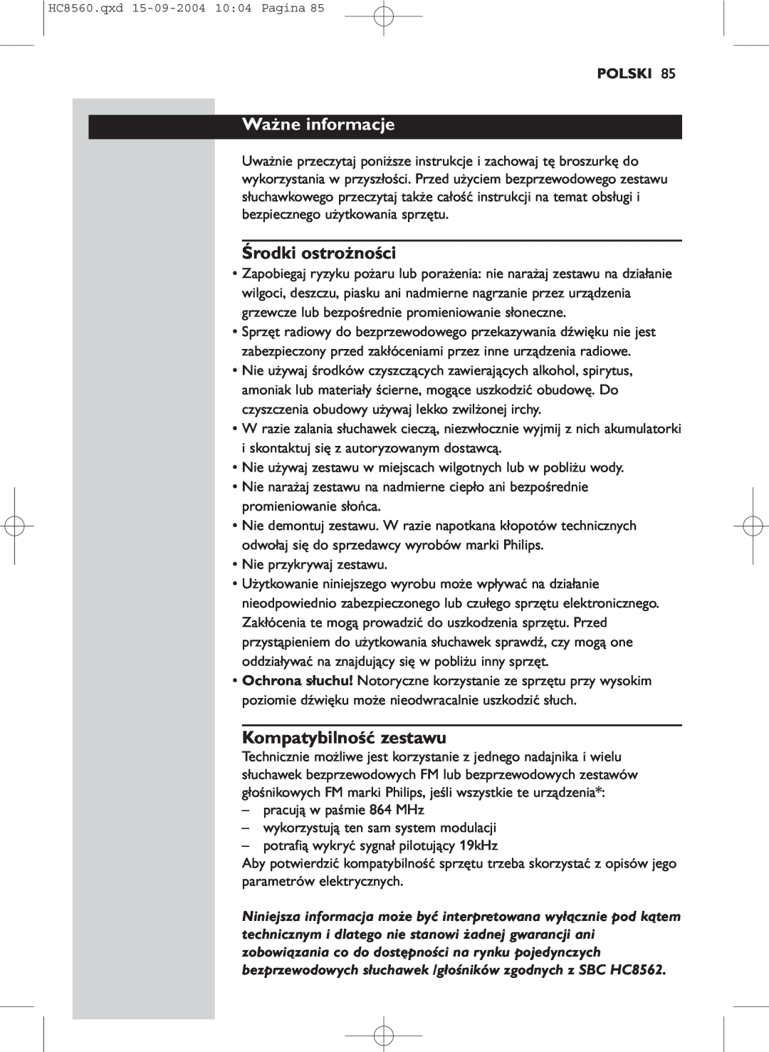 Philips HC 8560 manual Ważne informacje, Środki ostrożności, Kompatybilność zestawu, Polski 