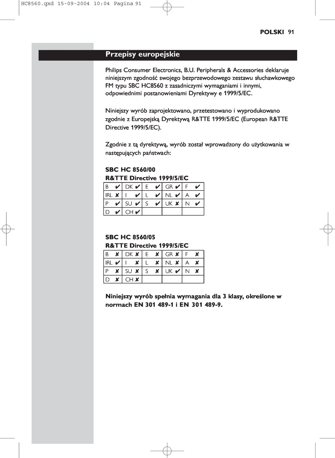 Philips manual Przepisy europejskie, Polski, SBC HC 8560/00 R&TTE Directive 1999/5/EC 