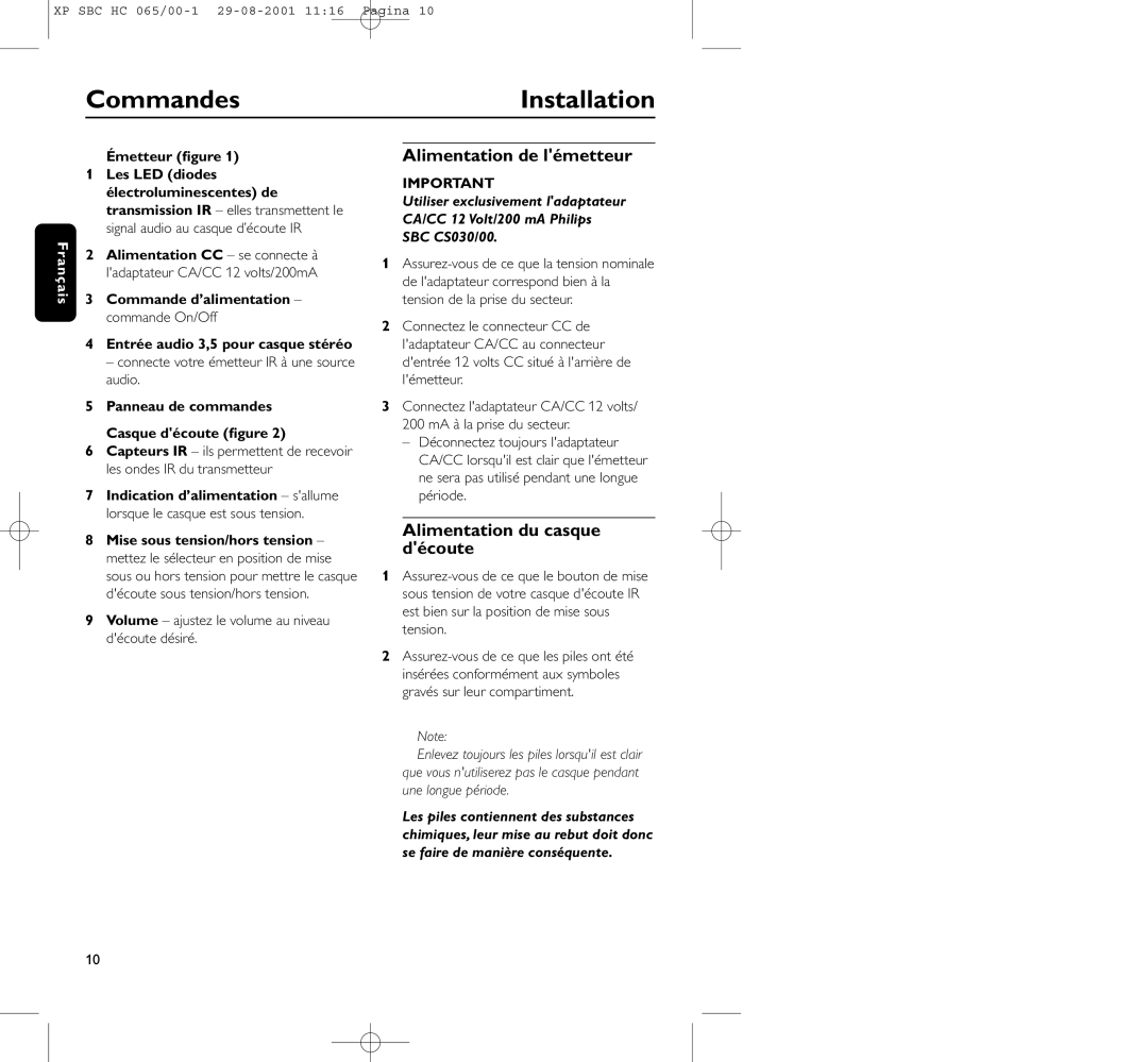 Philips HC065 manual CommandesInstallation, Alimentation de lémetteur, Alimentation du casque découte, Émetteur ﬁgure 