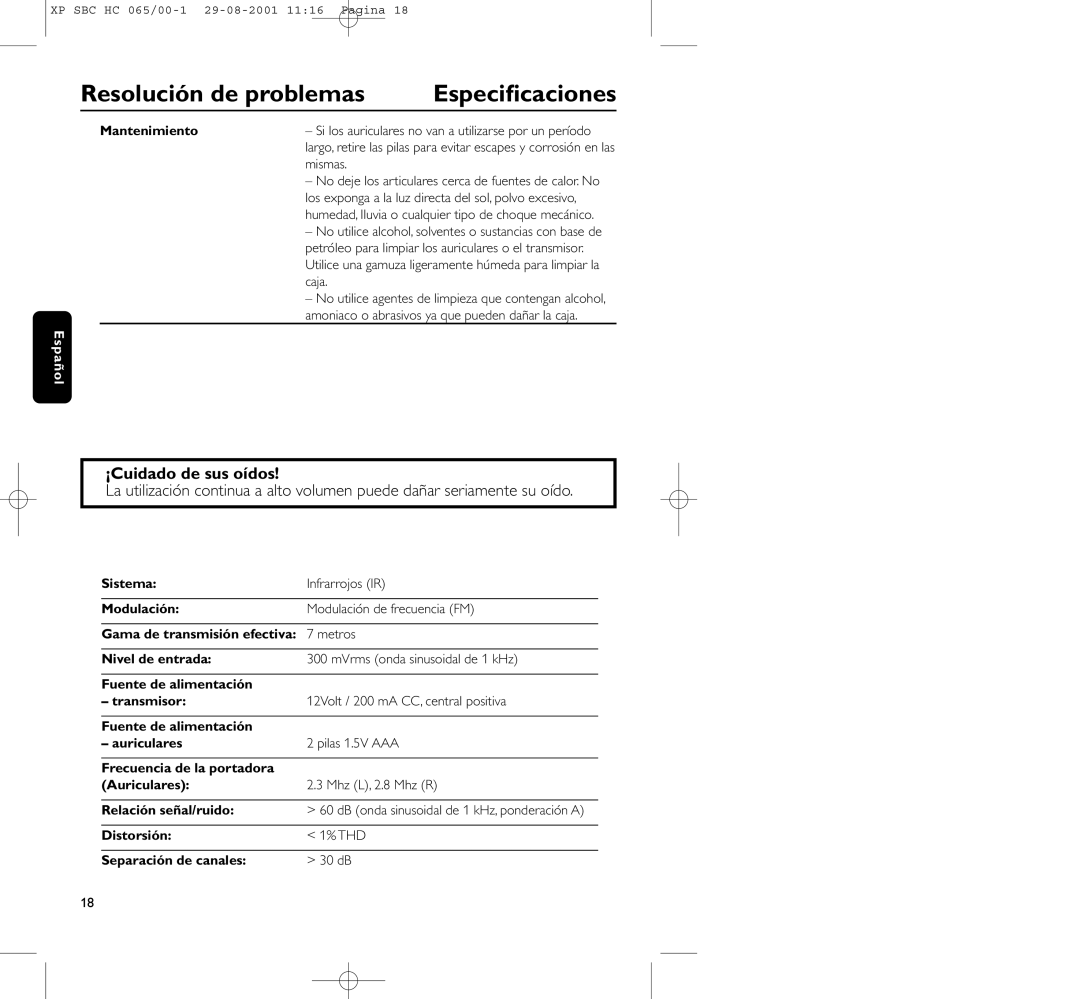 Philips HC065 manual Especiﬁcaciones, ¡Cuidado de sus oídos, Mantenimiento, Distorsión THD Separación de canales 30 dB 