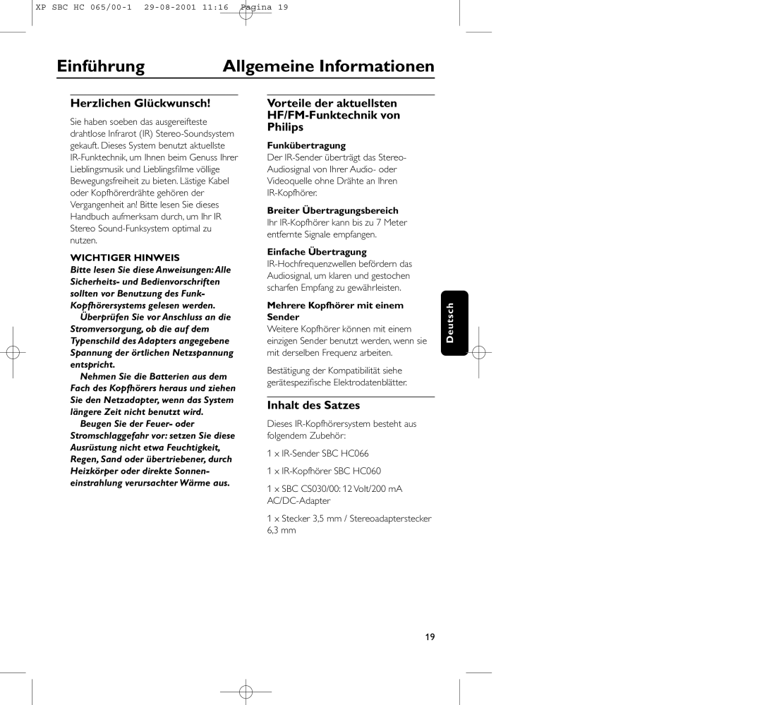 Philips HC065 manual Einführung Allgemeine Informationen, Herzlichen Glückwunsch, Inhalt des Satzes, Wichtiger Hinweis 