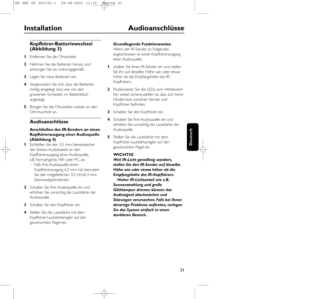 Philips HC065 manual InstallationAudioanschlüsse, Entfernen Sie die Ohrpolster, Grundlegende Funktionsweise, Wichtig 