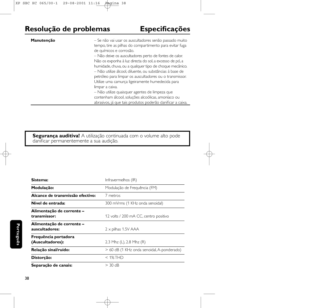 Philips HC065 manual Manutenção, Limpar a caixa Não utilize quaisquer agentes de limpeza que 