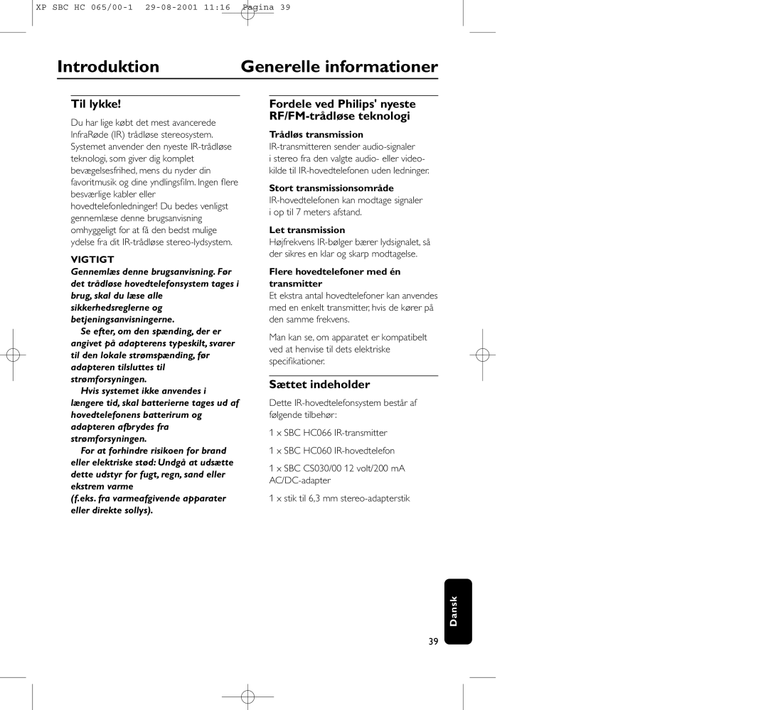 Philips HC065 manual Introduktion Generelle informationer, Til lykke, Sættet indeholder, Vigtigt 