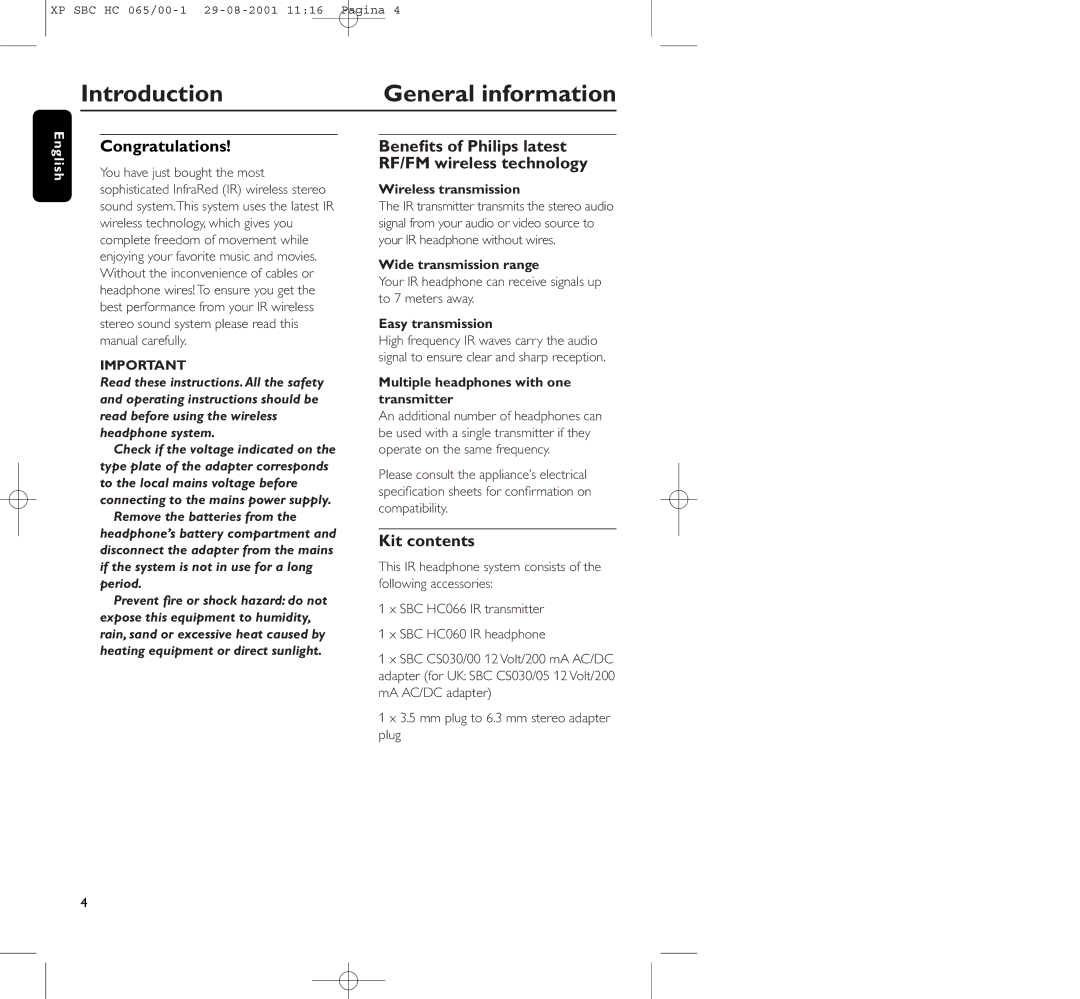 Philips HC065 manual Introduction General information, Congratulations, Kit contents 