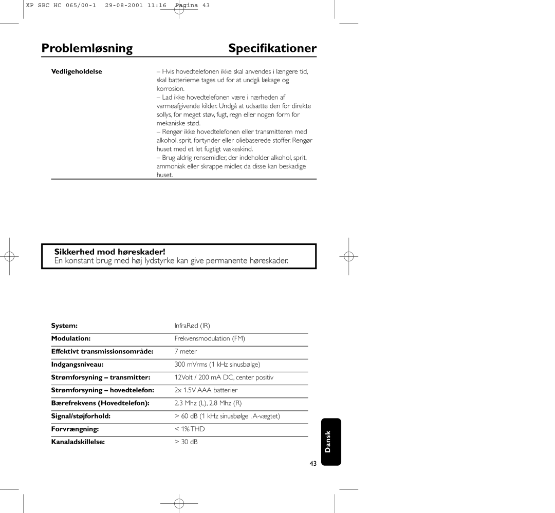 Philips HC065 manual Speciﬁkationer, Sikkerhed mod høreskader 