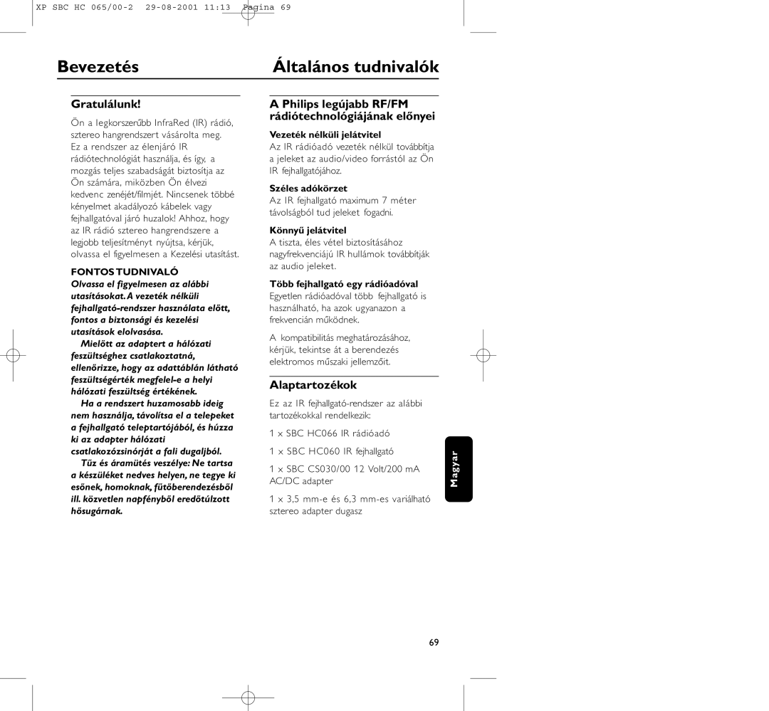 Philips HC065 manual Bevezetés, Általános tudnivalók, Gratulálunk, Alaptartozékok 