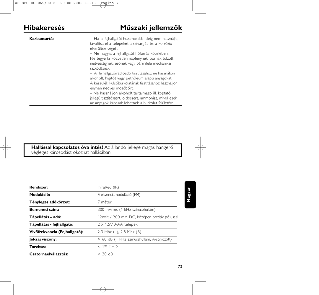 Philips HC065 manual Hibakeresés Műszaki jellemzők, Karbantartás 