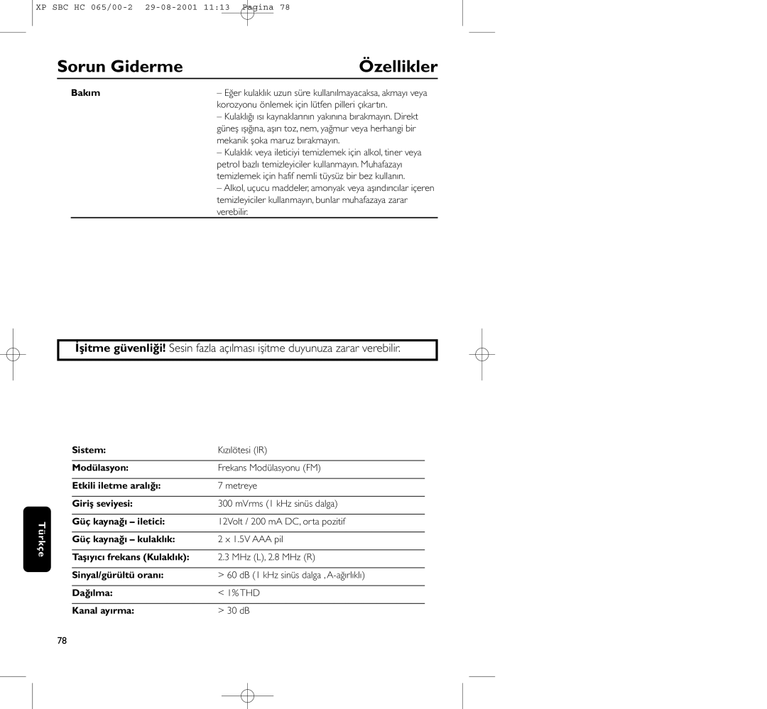 Philips HC065 manual Sorun Giderme Özellikler 
