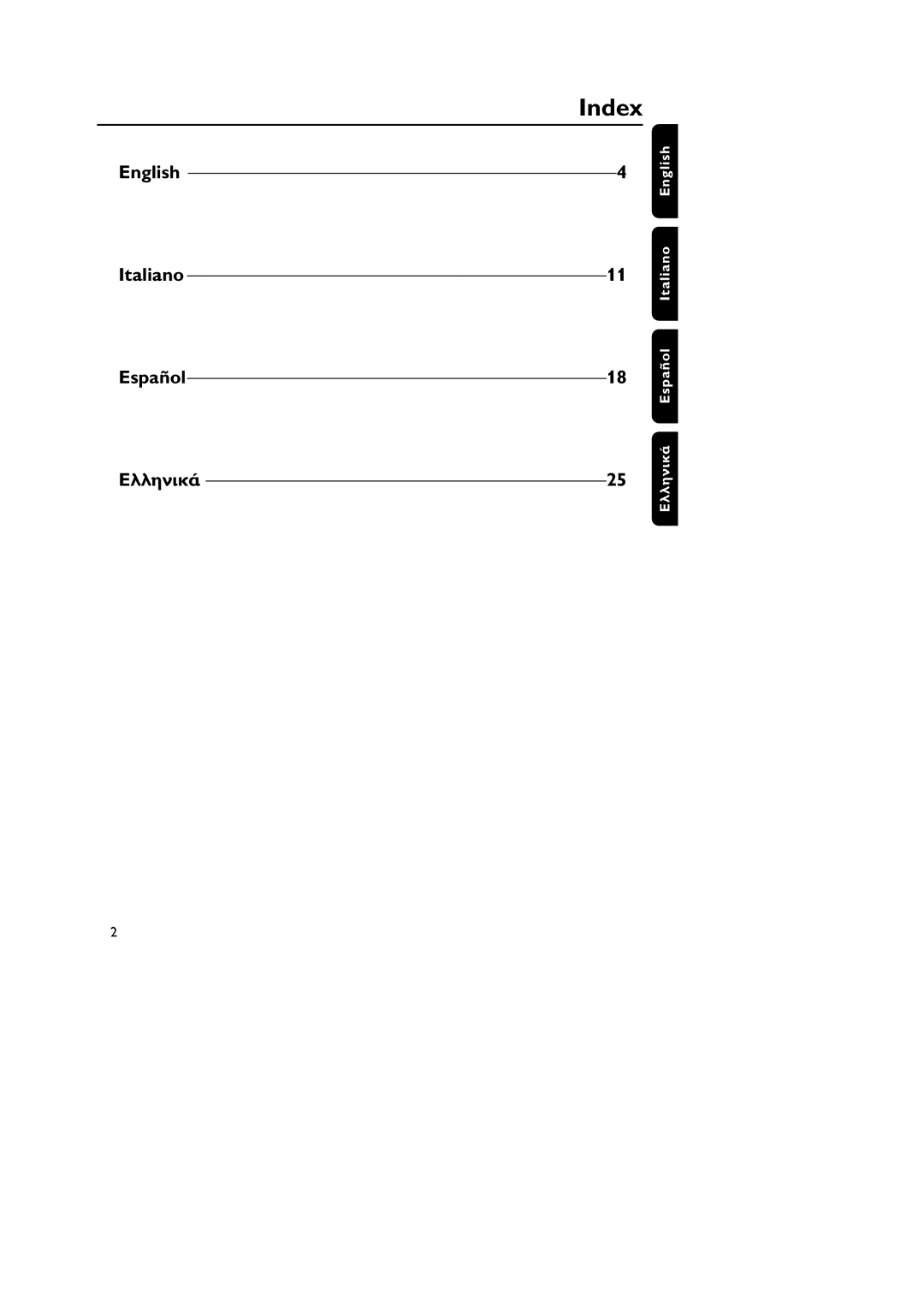 Philips HC300 manual Index, English Italiano Español18 