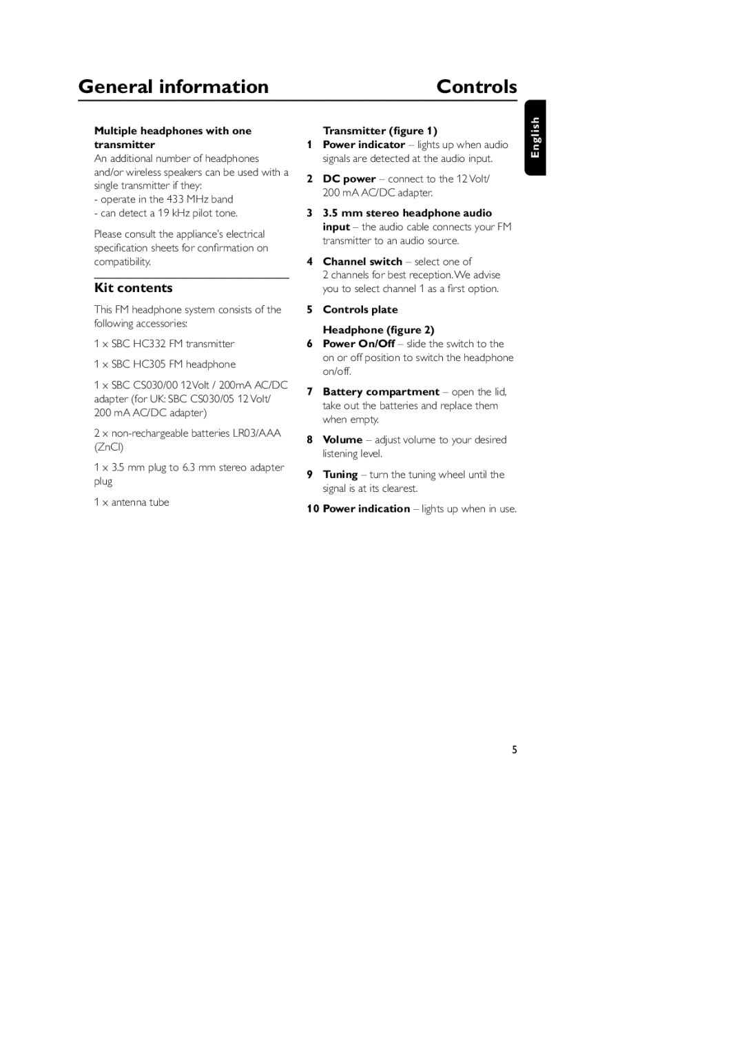 Philips HC300 manual General information Controls, Kit contents 