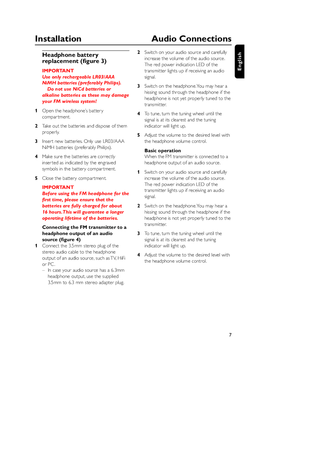 Philips HC300 manual Headphone battery replacement ﬁgure, Basic operation 