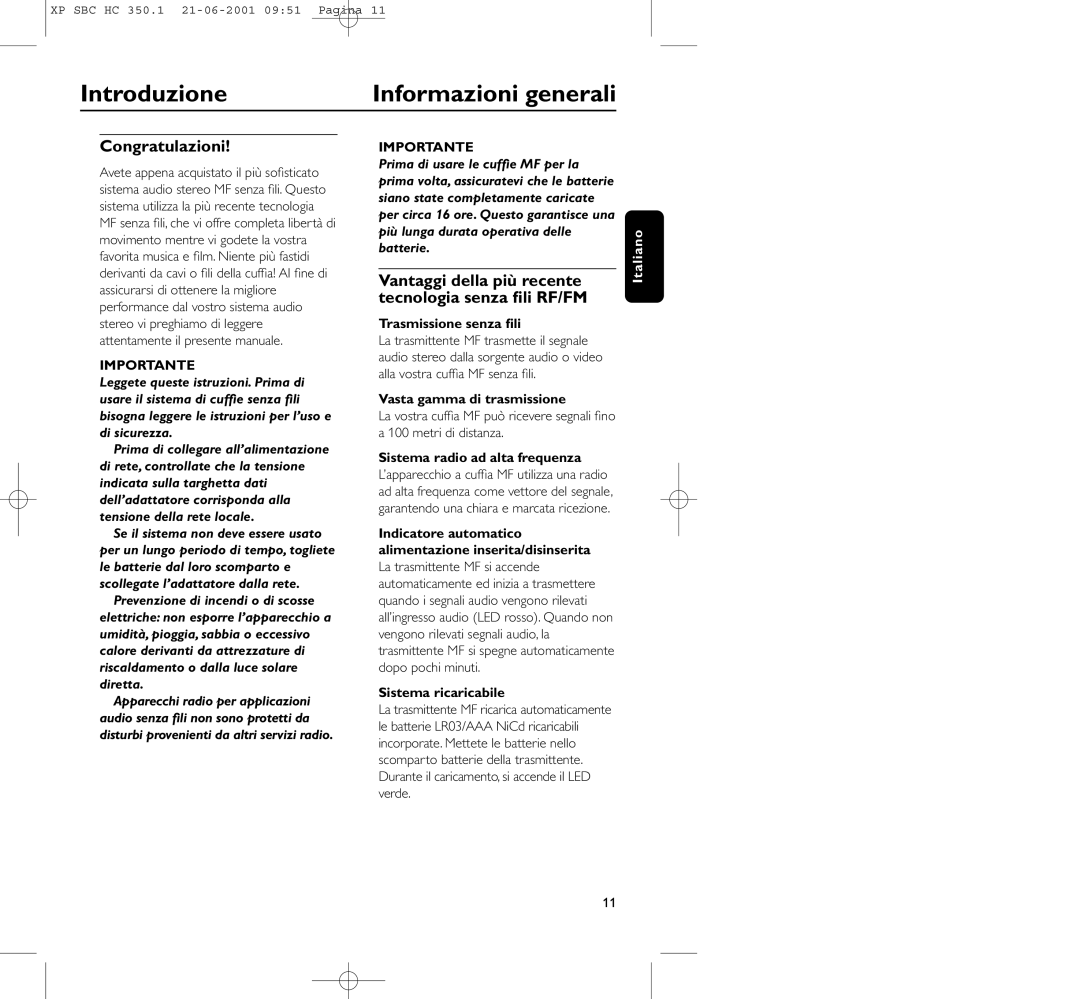 Philips HC350 manual Introduzione Informazioni generali, Congratulazioni 