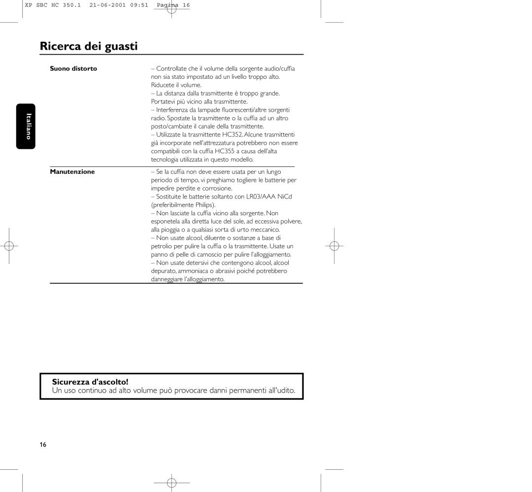 Philips HC350 manual Sicurezza dascolto, Manutenzione 