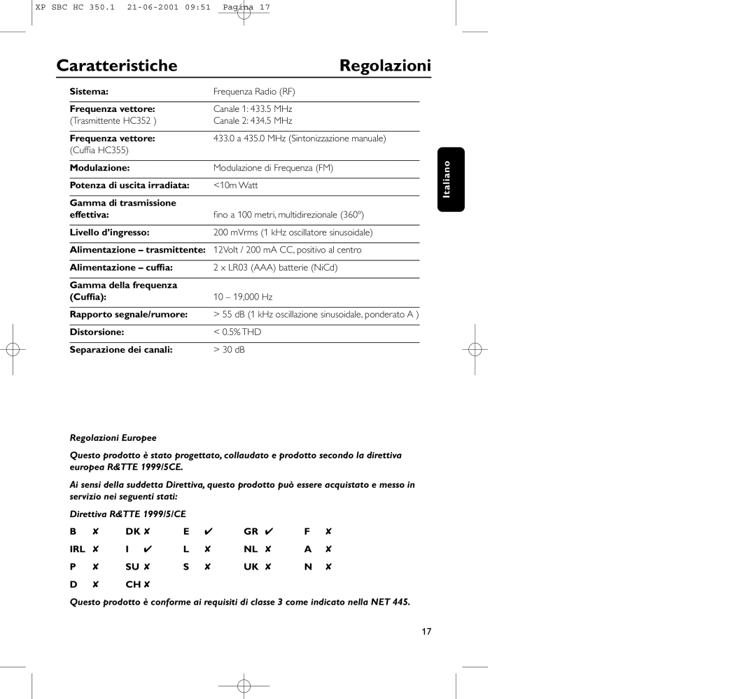 Philips HC350 manual Caratteristiche, Regolazioni, Distorsione % THD Separazione dei canali 30 dB 