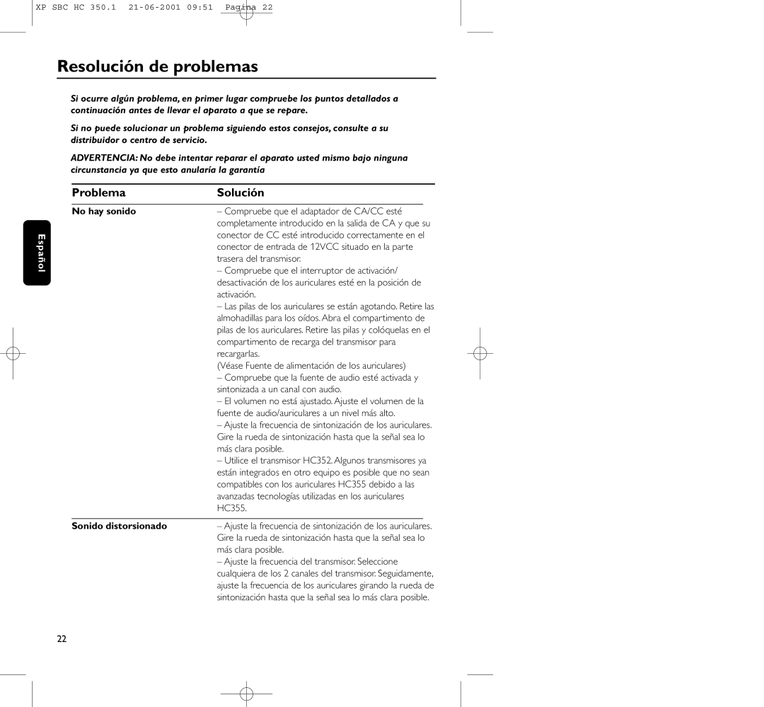 Philips HC350 manual Resolución de problemas, Problema Solución, No hay sonido, Sonido distorsionado 