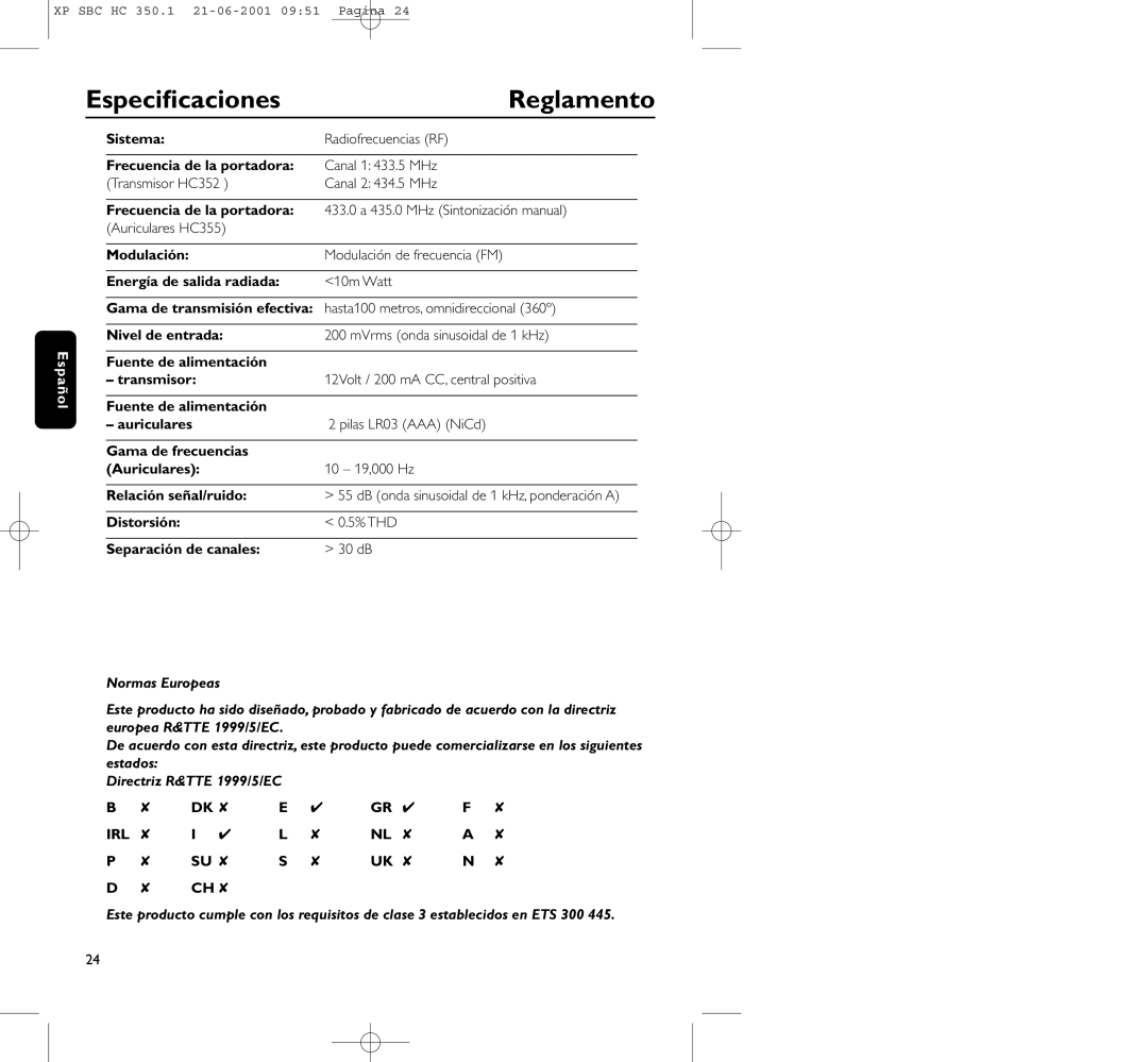 Philips HC350 manual Especiﬁcaciones Reglamento, Distorsión % THD Separación de canales 30 dB 