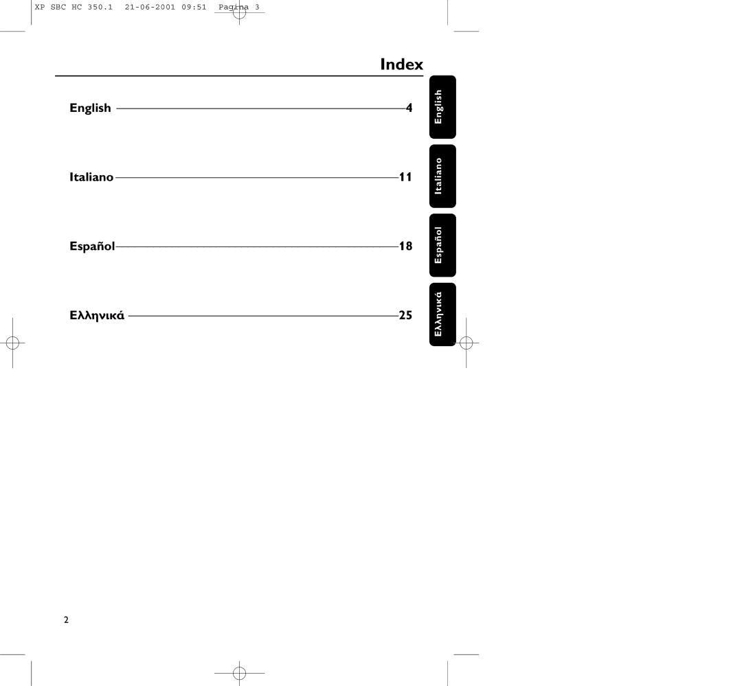 Philips HC350 manual Index, English Italiano Español18 