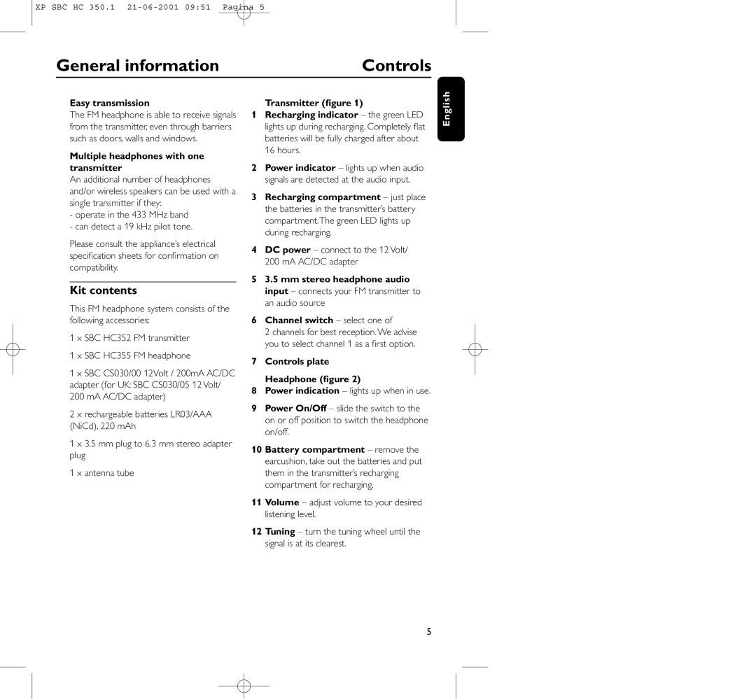 Philips HC350 manual General information Controls, Kit contents 