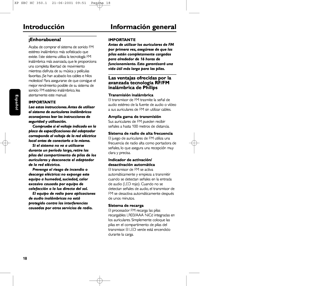 Philips HC350 manual Introducción, Información general, ¡Enhorabuena, Español, Transmisión inalámbrica, Sistema de recarga 