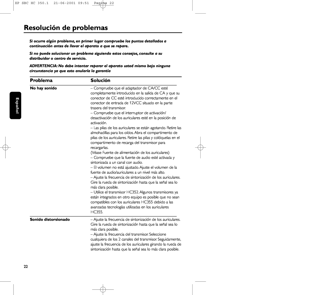 Philips HC350 manual Resolución de problemas, Solución, No hay sonido, Sonido distorsionado, Problema, Español 