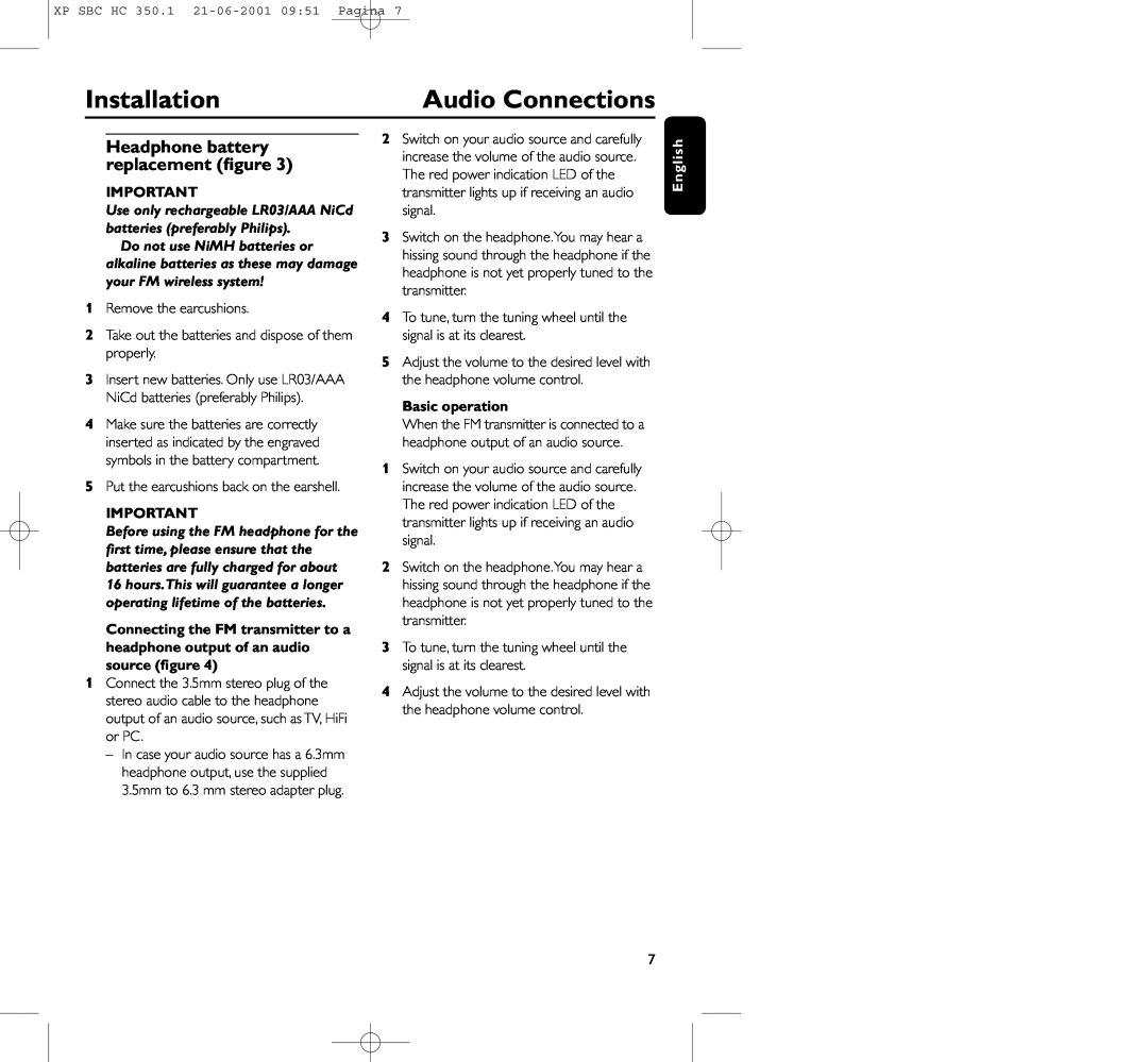 Philips HC350 manual Audio Connections, Headphone battery replacement ﬁgure, Basic operation, Installation, English 