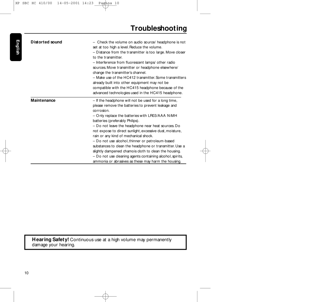 Philips HC410 manual Troubleshooting, Maintenance 