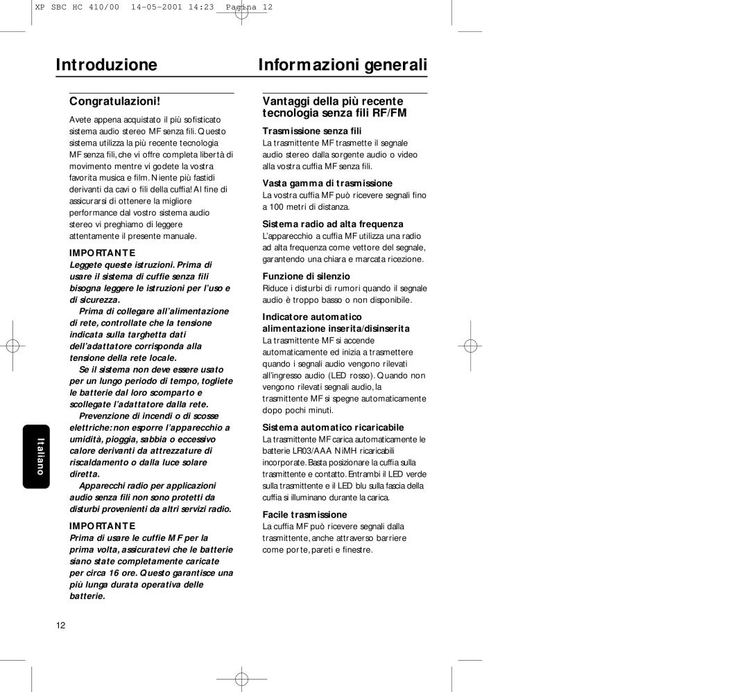 Philips HC410 manual Introduzione Informazioni generali, Congratulazioni 