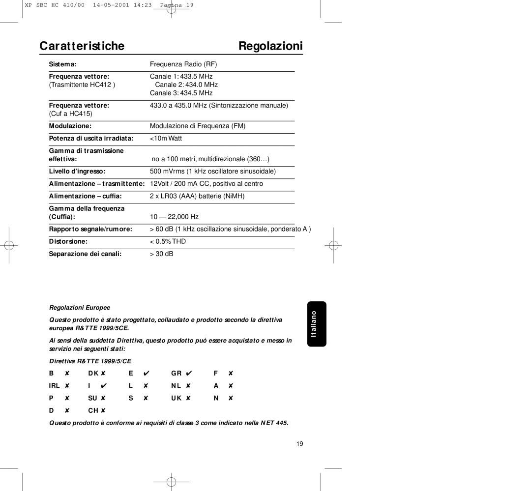 Philips HC410 manual Caratteristiche, Regolazioni 