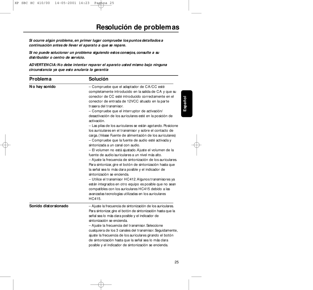 Philips HC410 manual Resolución de problemas, Problema Solución, No hay sonido, Sonido distorsionado 