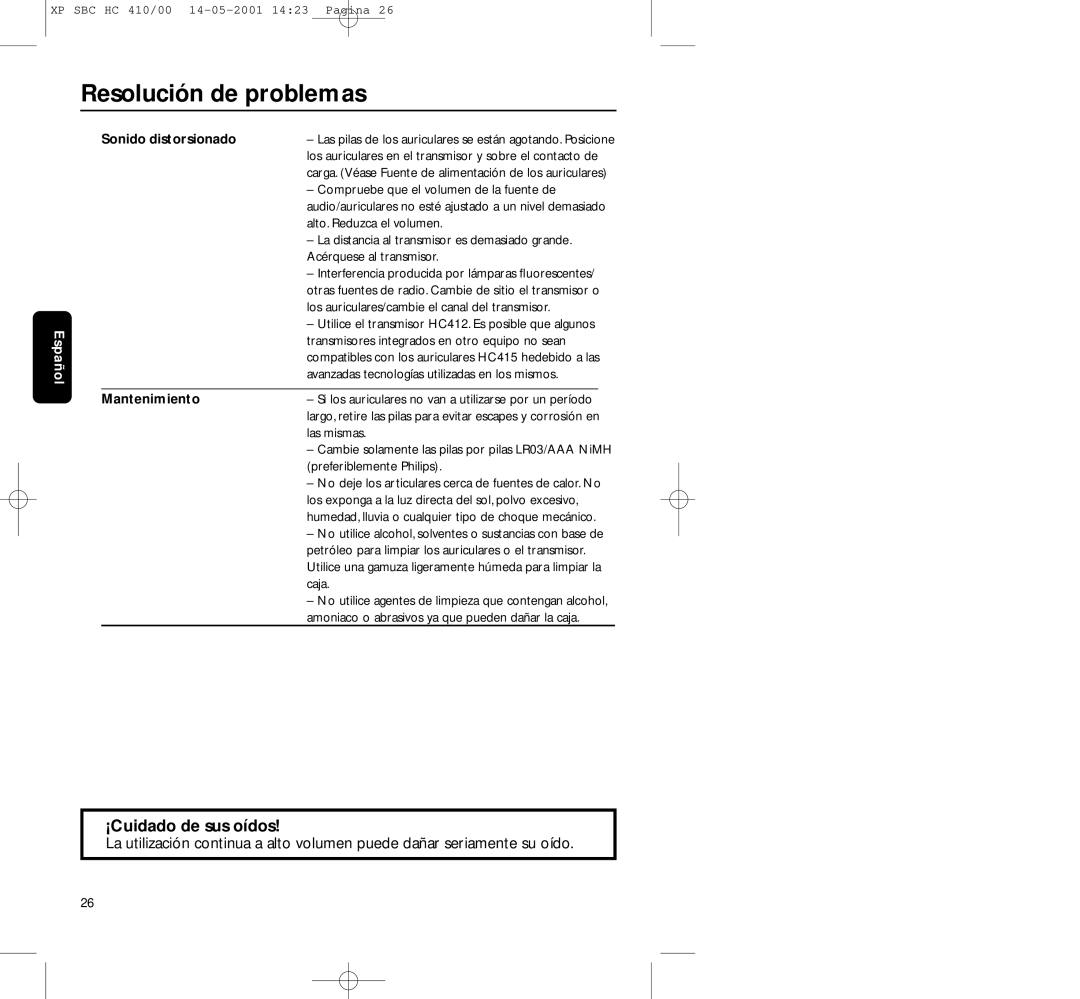 Philips HC410 manual ¡Cuidado de sus oídos, Mantenimiento 