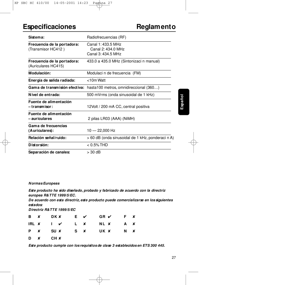 Philips HC410 manual Especiﬁcaciones Reglamento, Distorsión % THD Separación de canales 30 dB 