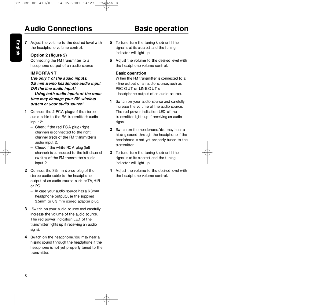 Philips HC410 manual Audio Connections, Basic operation, Option 2 ﬁgure 