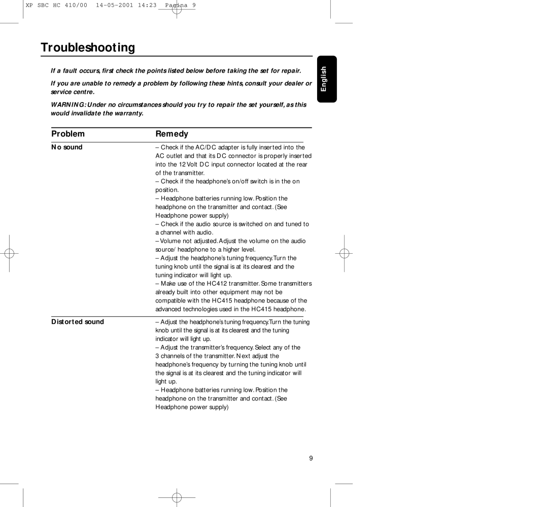 Philips HC410 manual Troubleshooting, Problem Remedy, No sound, Distorted sound 