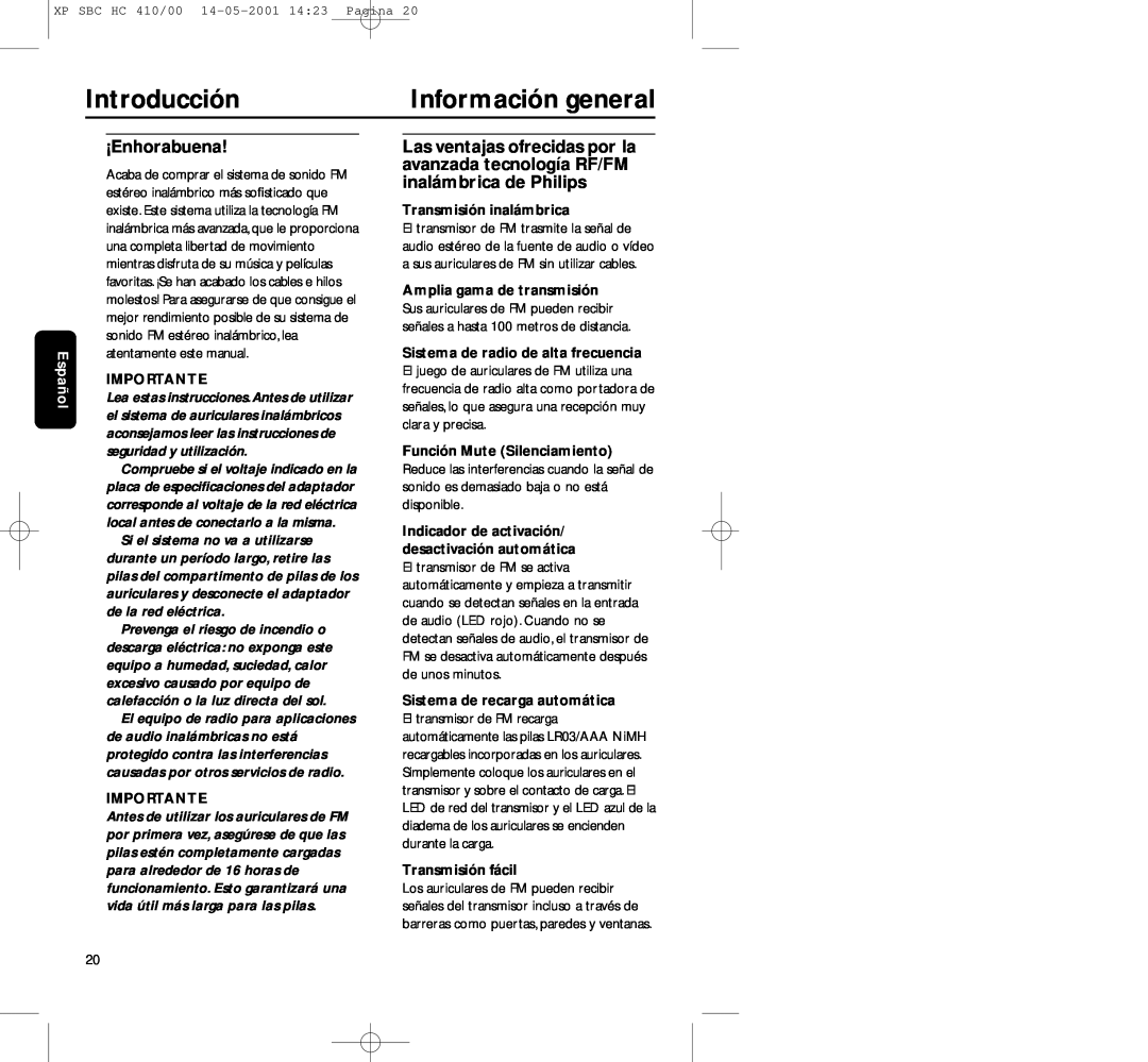 Philips HC410 manual Introducción, Información general, ¡Enhorabuena, Español, Transmisión inalámbrica, Transmisión fácil 