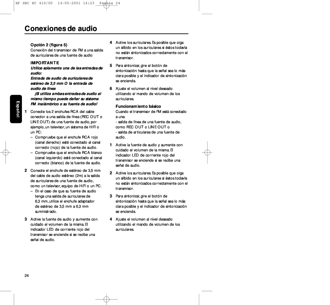 Philips HC410 manual Conexiones de audio, Opción 2 ﬁgura, Funcionamiento básico, Español, Importante 