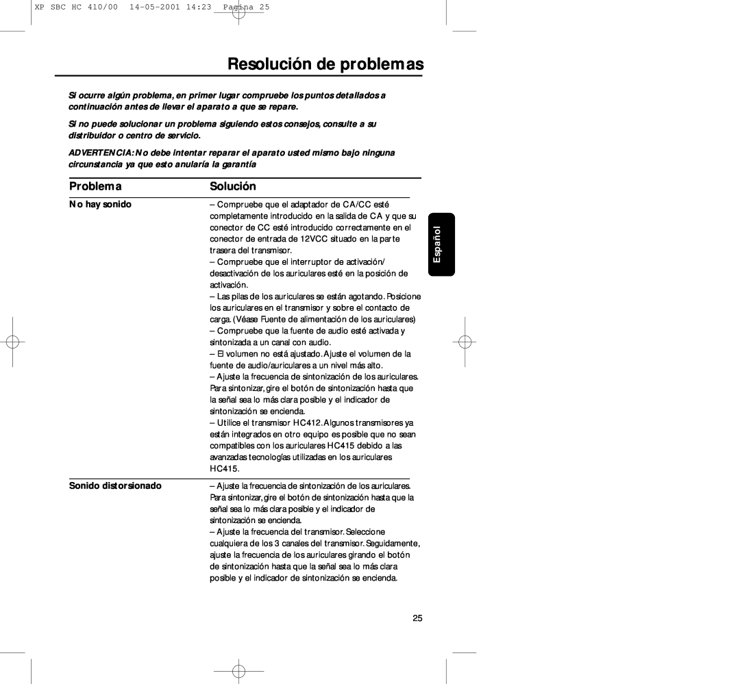 Philips HC410 manual Resolución de problemas, Solución, No hay sonido, Sonido distorsionado, Problema, Español 