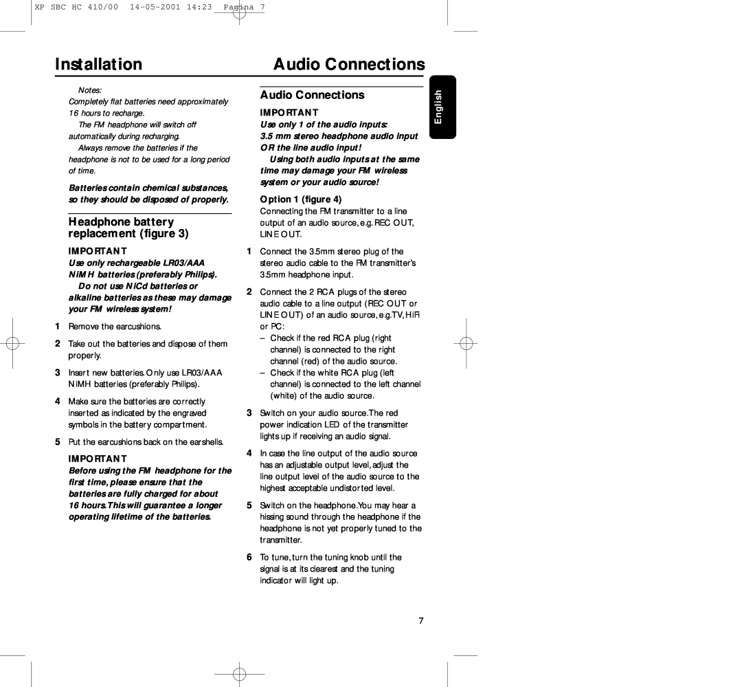 Philips HC410 manual Audio Connections, Headphone battery replacement ﬁgure, Option 1 ﬁgure, Installation, English 