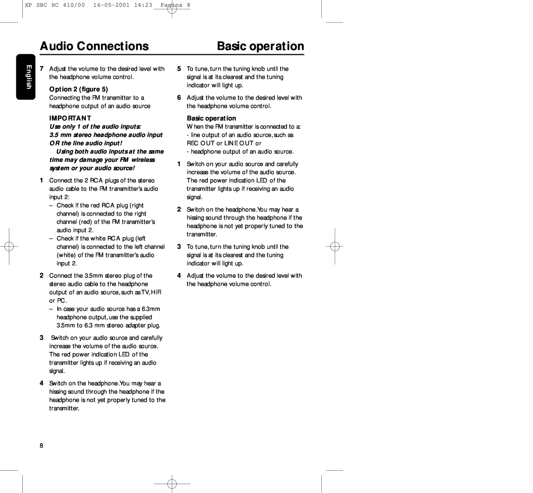 Philips HC410 manual Audio Connections, Basic operation, Option 2 ﬁgure, English 