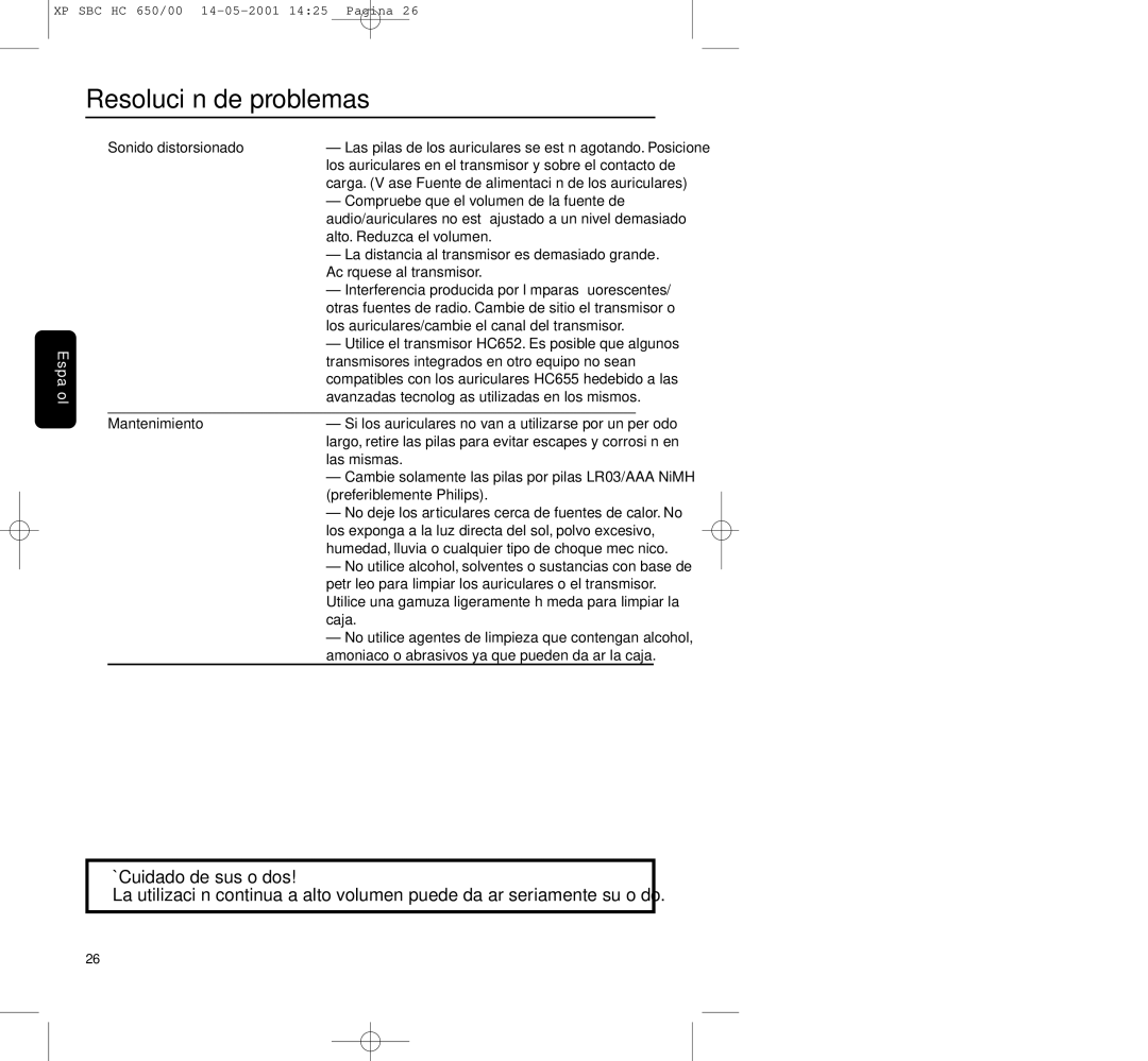 Philips HC650 manual ¡Cuidado de sus oídos, Mantenimiento 