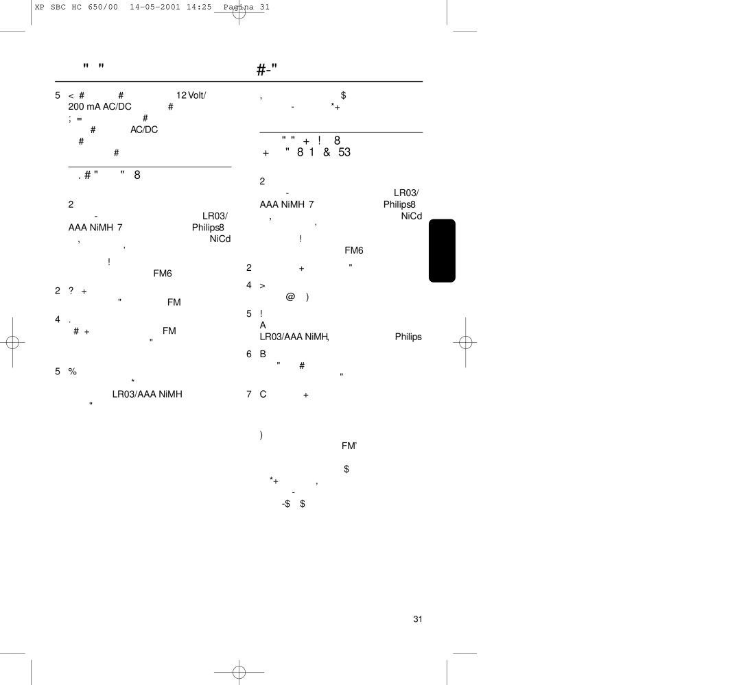 Philips HC650 manual Ma Ac/Dc, LR03/AAA NiMH 