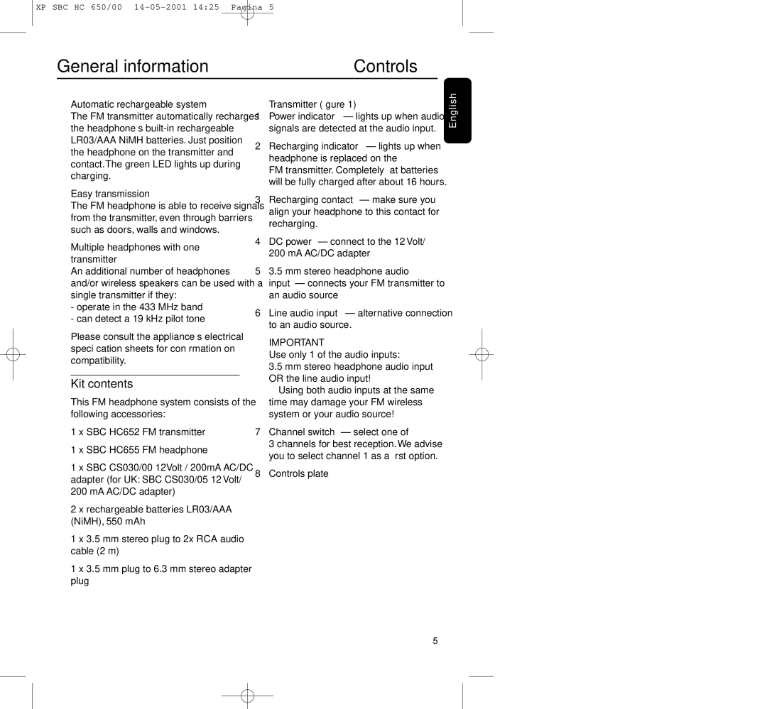 Philips HC650 manual General information Controls, Kit contents 