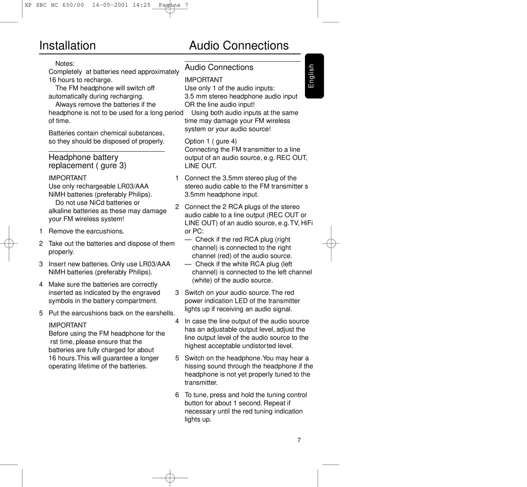 Philips HC650 manual Audio Connections, Headphone battery replacement ﬁgure, Option 1 ﬁgure 