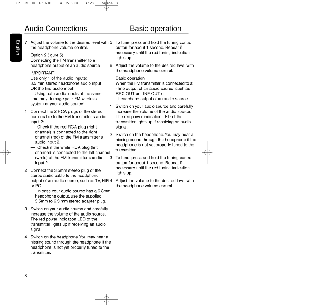 Philips HC650 manual Audio Connections, Basic operation, Option 2 ﬁgure 