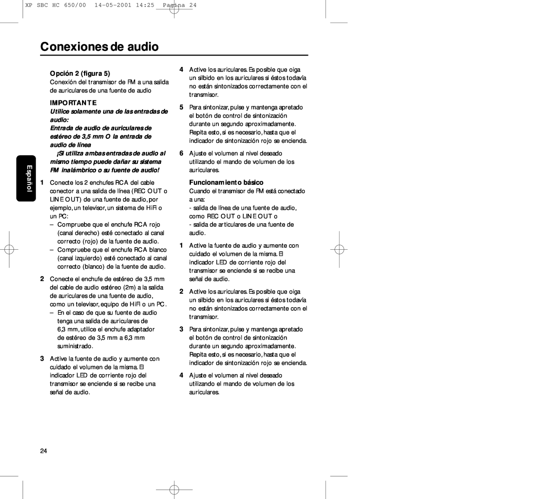 Philips HC650 manual Conexiones de audio, Opción 2 ﬁgura, Funcionamiento básico, Español, Importante 