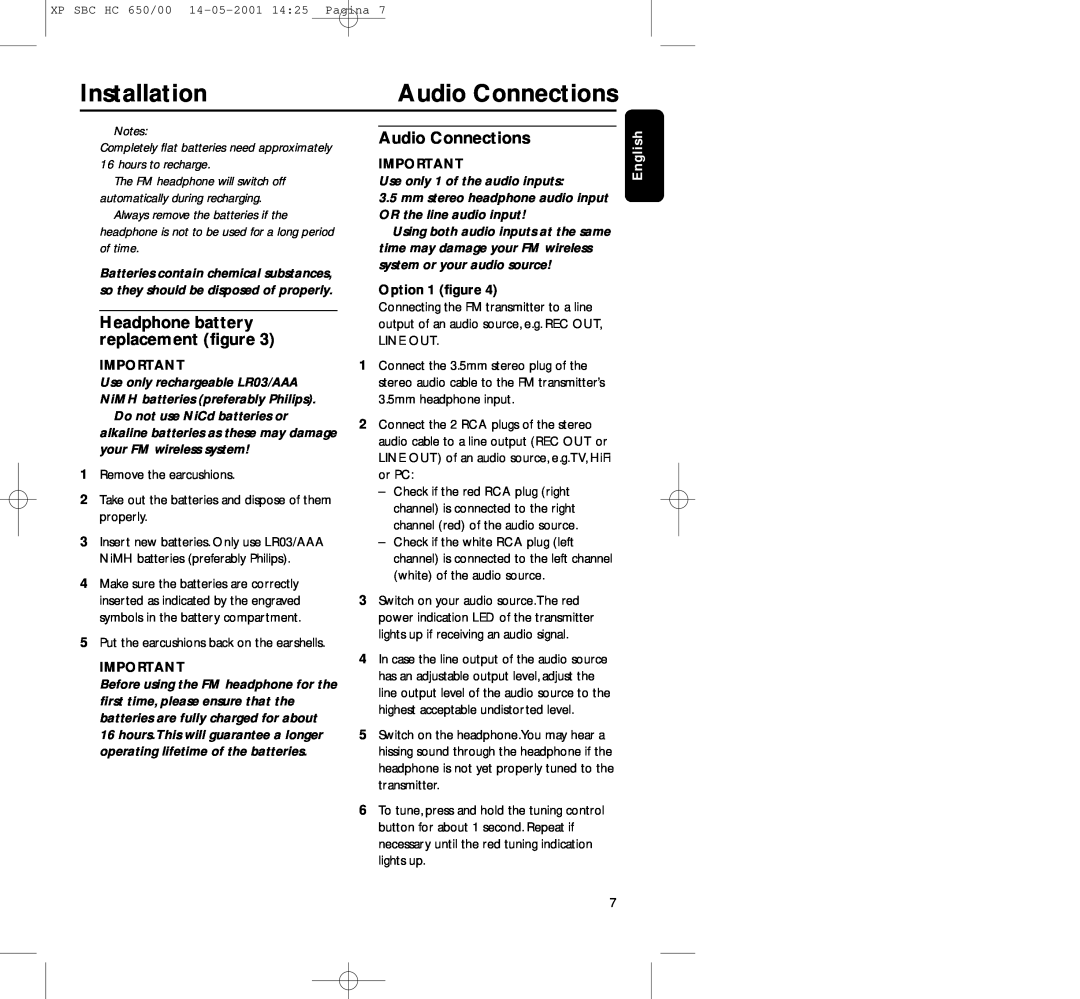 Philips HC650 manual Audio Connections, Headphone battery replacement ﬁgure, Option 1 ﬁgure, Installation, English 