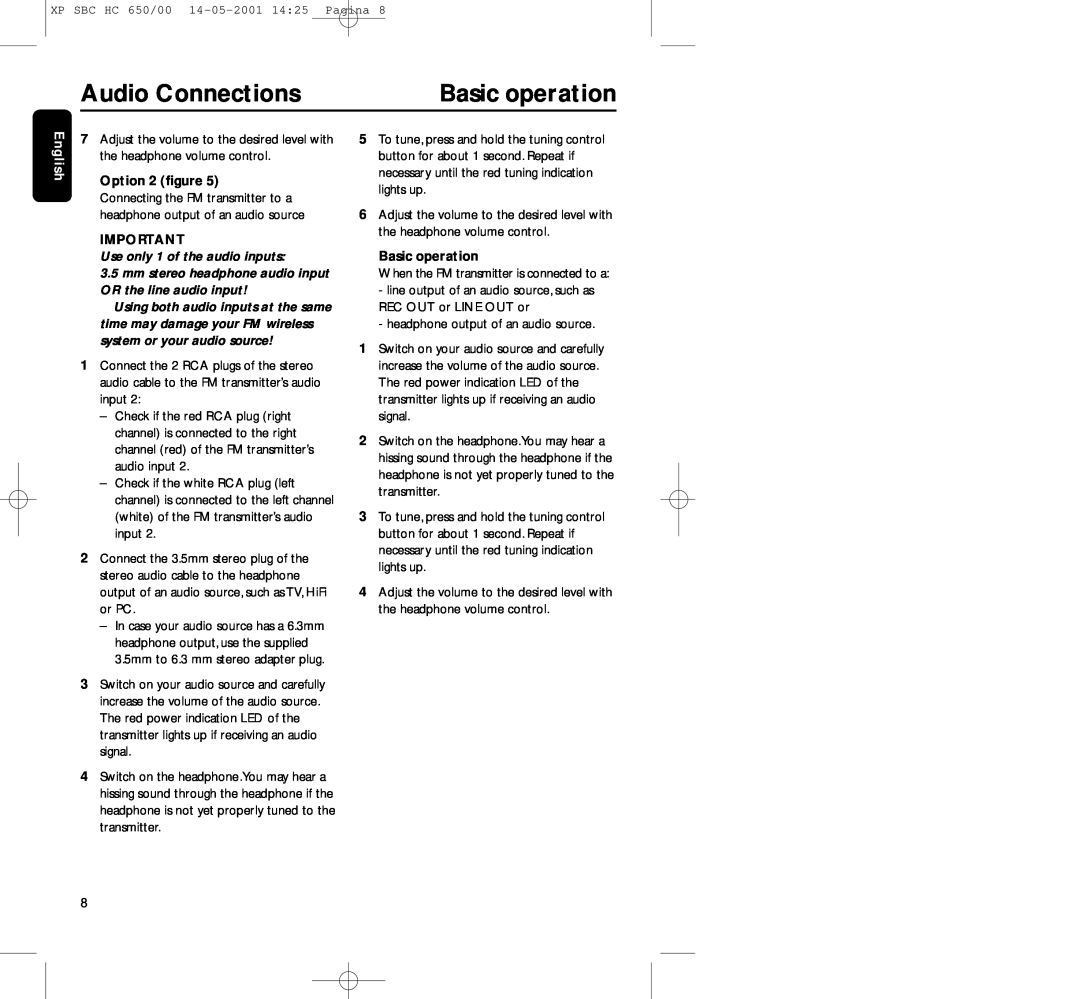 Philips HC650 manual Audio Connections, Basic operation, Option 2 ﬁgure, English 